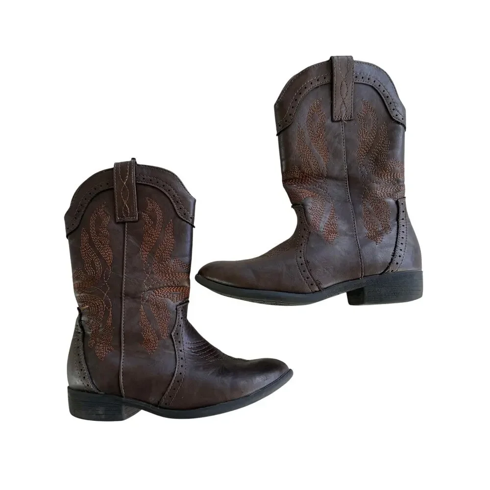 Dream Pairs Girls Size 12 Brown Mid-Calf Western Cowgirl Boots